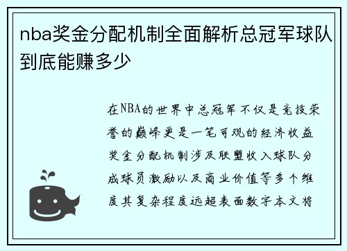 nba奖金分配机制全面解析总冠军球队到底能赚多少