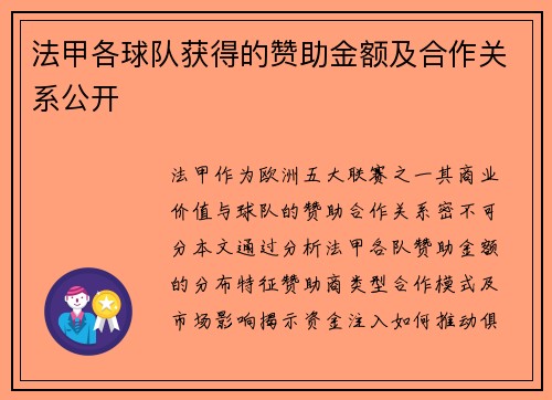 法甲各球队获得的赞助金额及合作关系公开
